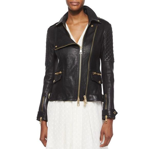 Burberry Brit  Quilted Remmington Lamb Leather Biker Jacket, Sz 6 - Picture 2 of 14